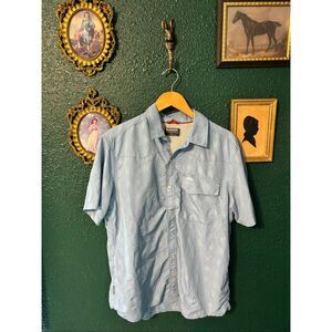 Simms Light Blue Lightweight Wicking Fishing Hiking Button Front Short Sleeve Sh